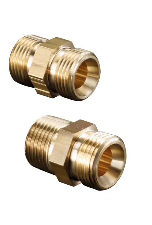 Brass double nipple from Oventrop, featuring threaded connections on both ends, typically used for connecting pipes in plumbing applications.